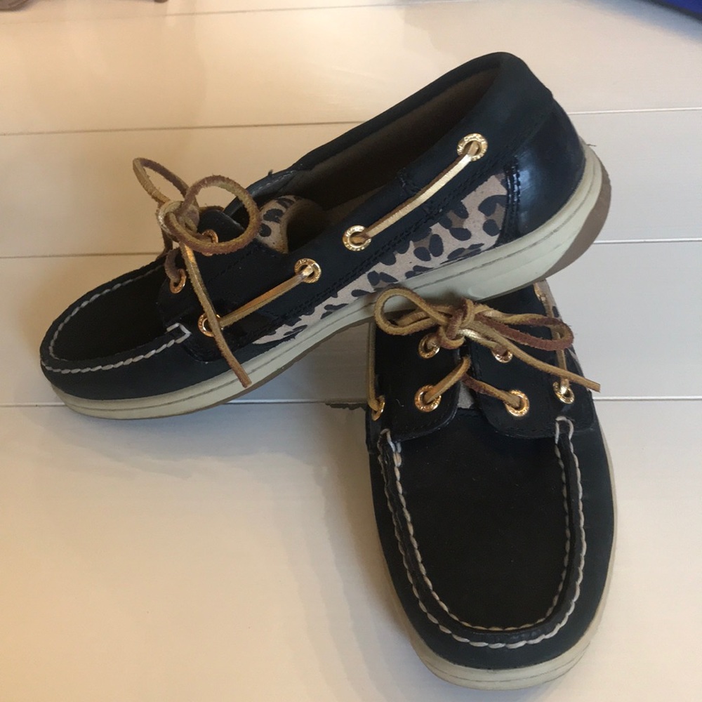 Sperry Top Sider, black and leopard, size 6.5